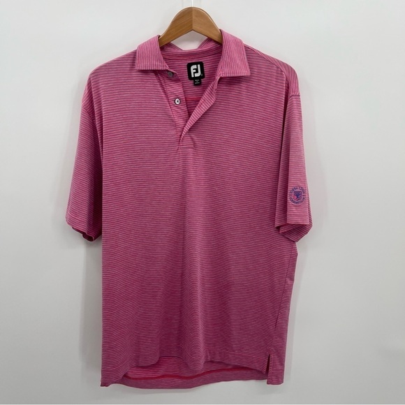 Foot Joy Pink Purple Striped Athletic Golf Polo Shoulder Logo - Picture 1 of 11